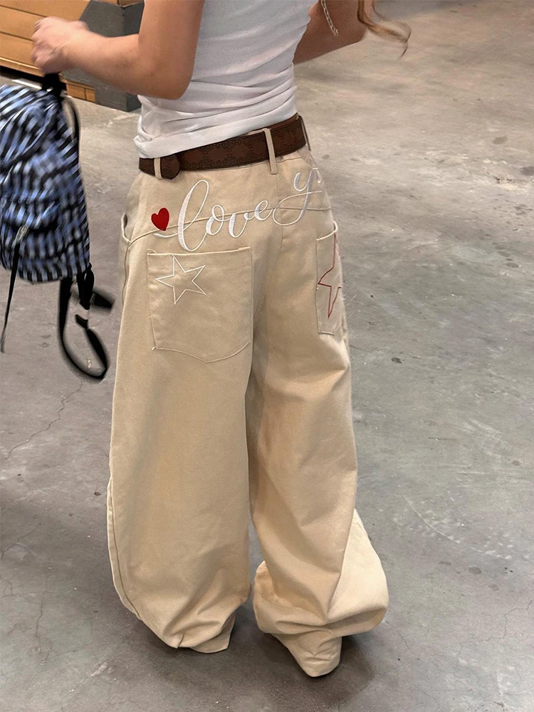 جينز نسائي كاكي عتيق بخصر عالٍ Y2k جينز مطرز فضفاض وواسع الساق موضة خريف 2025 من قماش الدنيم #3
