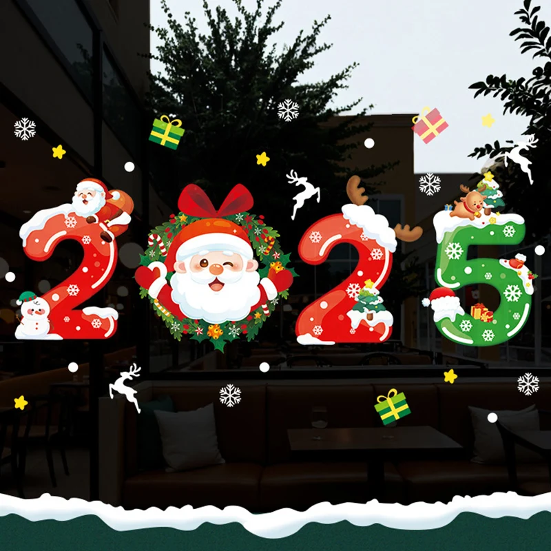 Happy New Year 2025 Window Stickers Merry Christmas Window Stickers Xmas Garland Santa Bells Wall Sticker  Christmas Decoration