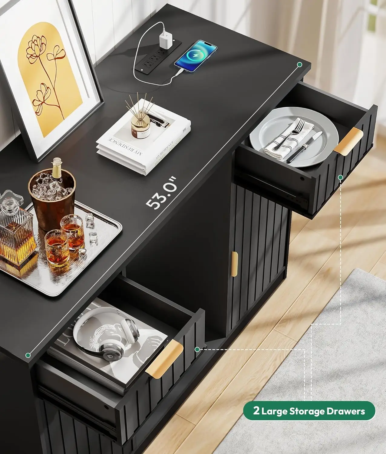 53인치 플루티드 커피 바 캐비닛 (냉장고 공간 포함) - 와인 바 캐비닛 (서랍 및 도어 수납공간 포함), 미니 냉장고 스탠드 (전원 콘센트 포함)