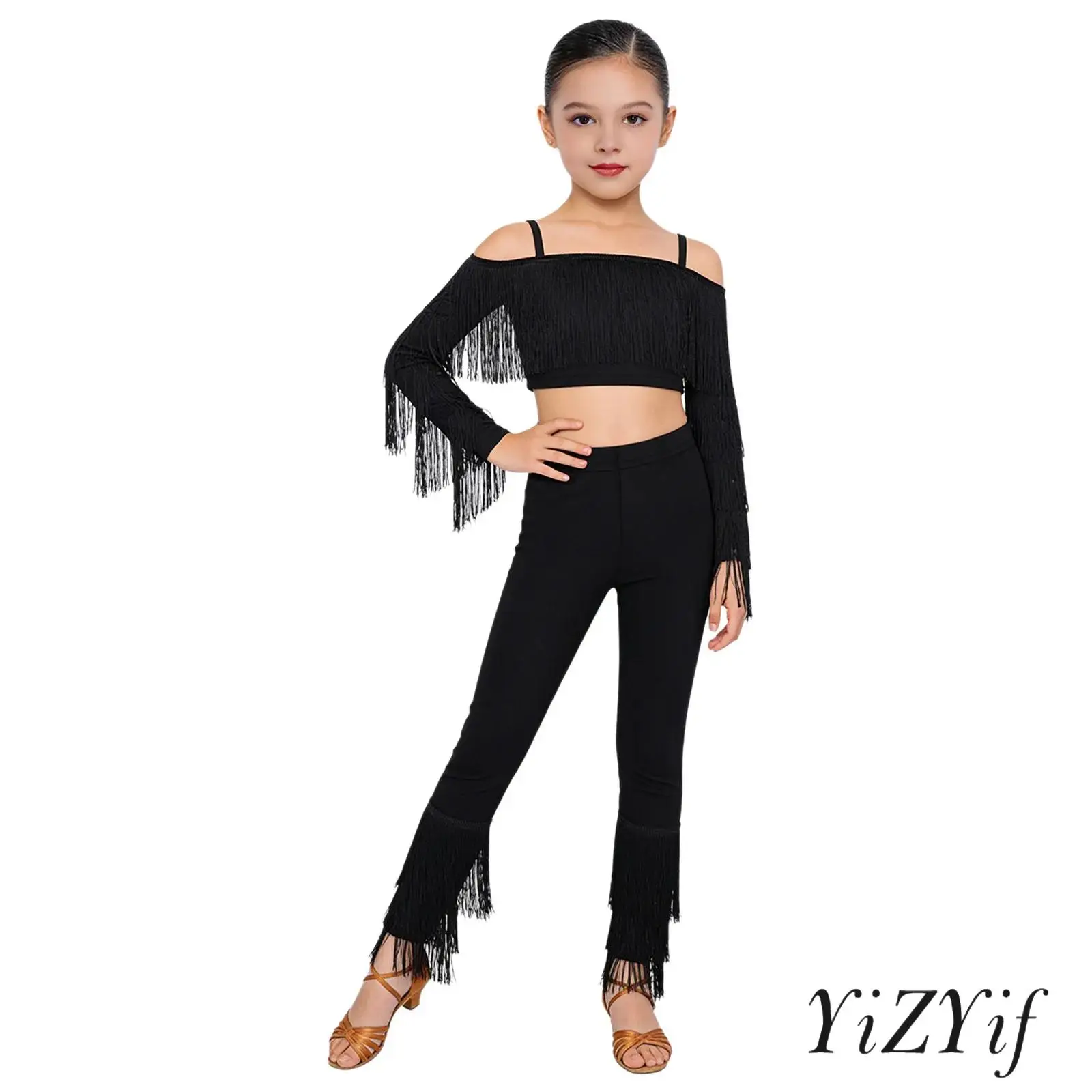 

Girls Tassels Leopard Print Latin Dance Outfit Long Sleeve Adjustable Straps Crop Top with Elastic Waistband Pants Salsa Set