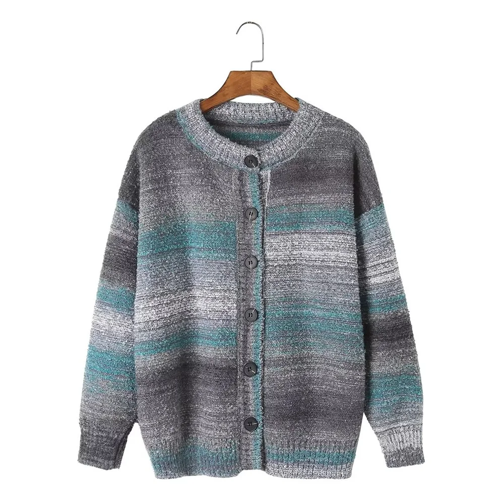 Women Knitted Gradient Striped Cardigan Sweater Autumn Winter Y2K O-Neck Single Breasted Loose Rainbow Sweater Outwear