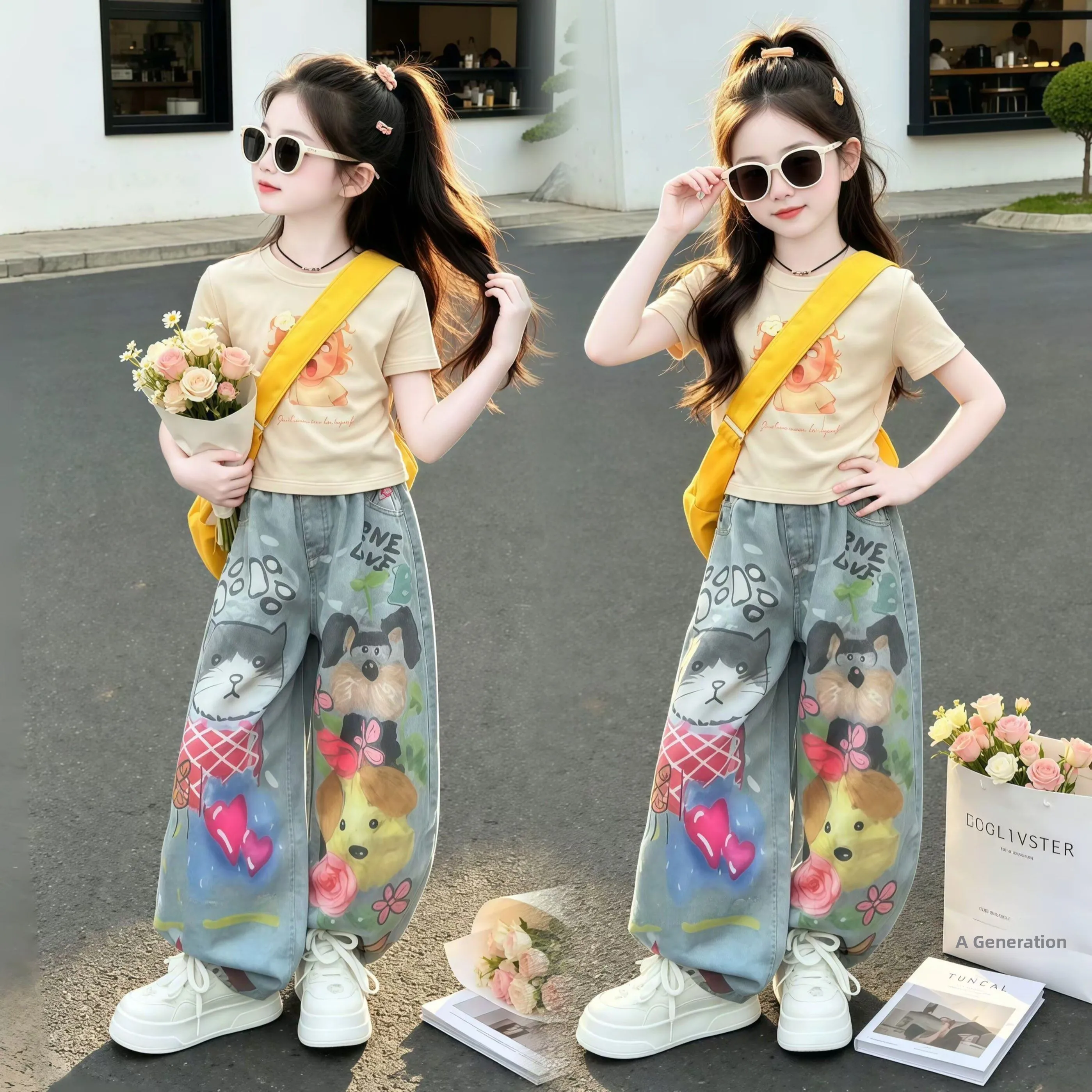 女の子アニマルデジタルデニムパンツ夏薄いワイドレッグ子供ストレートレッグパンツ綿混紡生地韓国スタイル子供ジーンズ