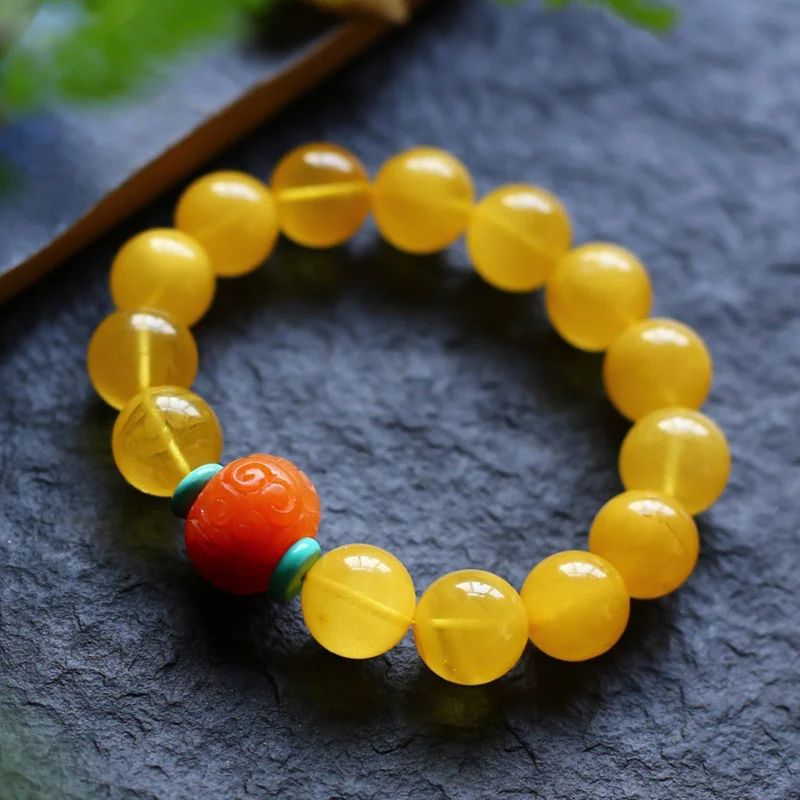 13MM Yellow Beeswax Full Honey Chicken Oil With Red Backflow Beads Single Circle Bracelet