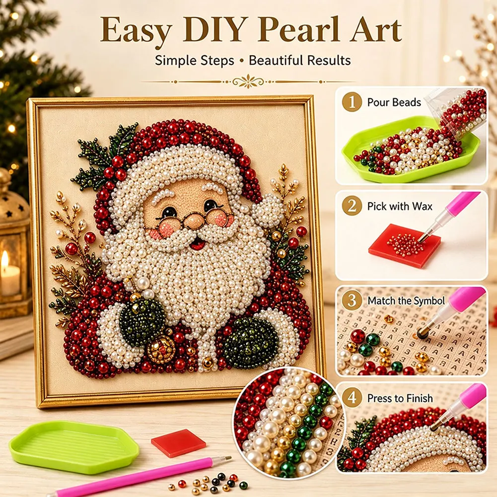 Xmas Pearl Diamond Painting Art Kit DIY Craft Christmas Holiday Home Decor Sparkling Pearls 3D Visual Effect Creative Gift