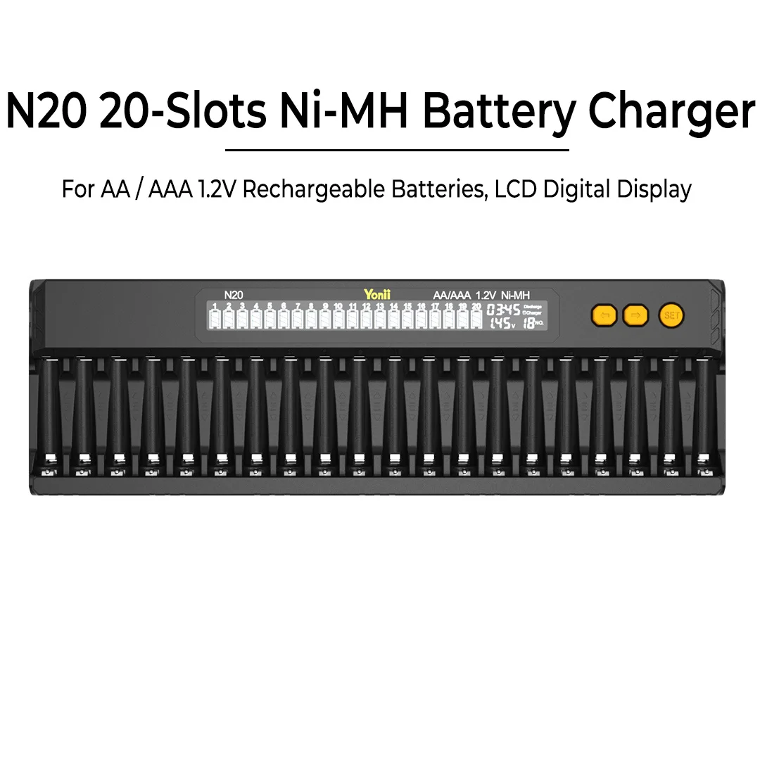 Yonii N20 20‑Slot Ni‑MH Battery Charger Independent Channel Charge Discharge LCD Display For AA AAA 1.2V Rechargeable Batteries
