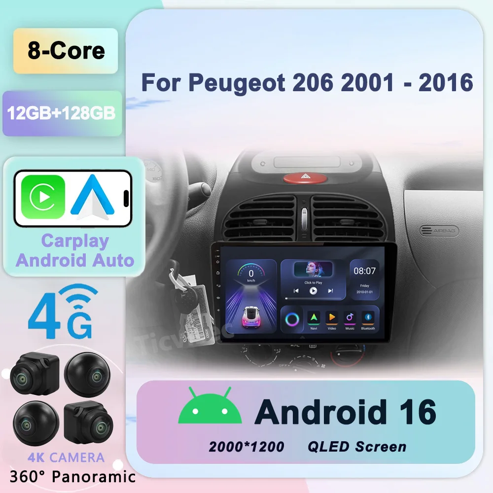 

8G+128G Android 16 For Peugeot 206 206CC 206SW 2001 - 2008 Car Radio Car video players CarPlay Android Auto No 2 din 2din DVD