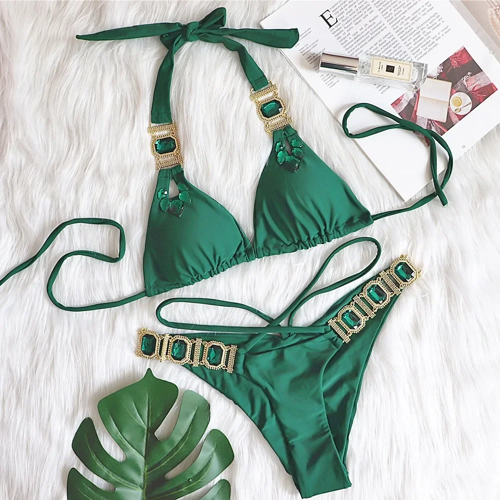 Sexy Rhinestones Thong Bikini Women Green Push Up Glitter Diamond Band 3 Piece Swimsuit Chain Metal Bathing Suit Luxury Swimwear