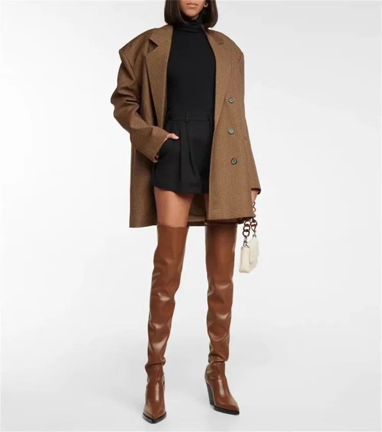 Pointed Toe Over The Knee Boots Leather Block Heels Fashion Women Spring Casual Long Booties Dress Daily Thigh High Boots