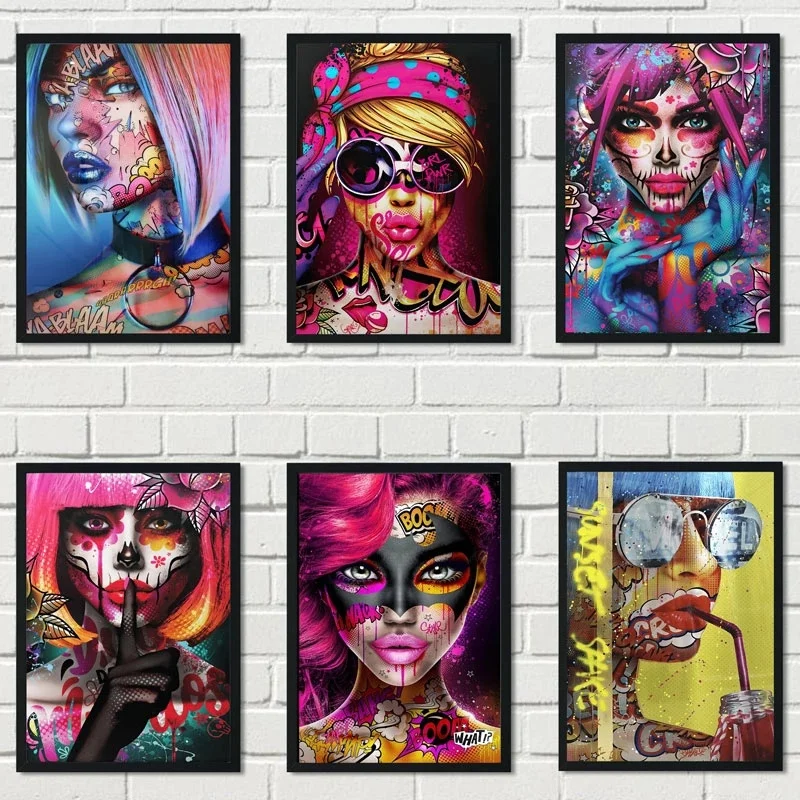 Graffiti-Kunst Frauenporträt Diamantdrucke Straßen-Wandmalerei Farbenfrohe Poster Pop-Art Bilder für Wohnzimmer Heim-Dekoration