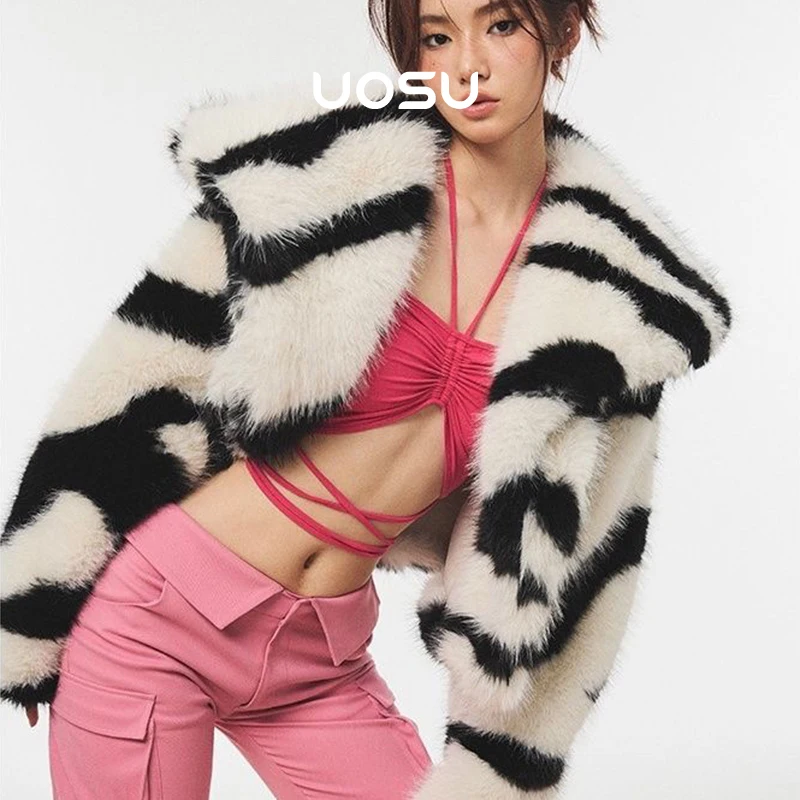 Cropped Zebra Fur Coat Women Winter Faux Fox Fur Short Jackets Y2k Hot Girls Korean Fashion Goth Punk Fluffy Furry Big Collar