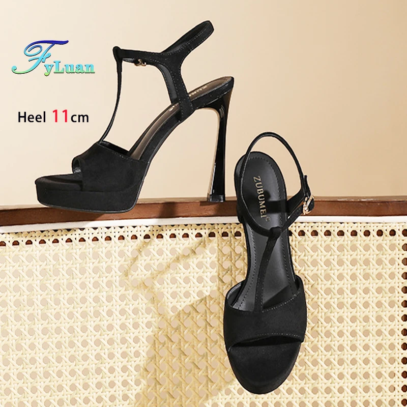 

Модные черные замшевые сандалии с Т-образным ремешком, женские летние уличные туфли на толстой подошве с круглым носком и толстой подошвой 11 см на тонком высоком каблуке с пряжкой и ремешком