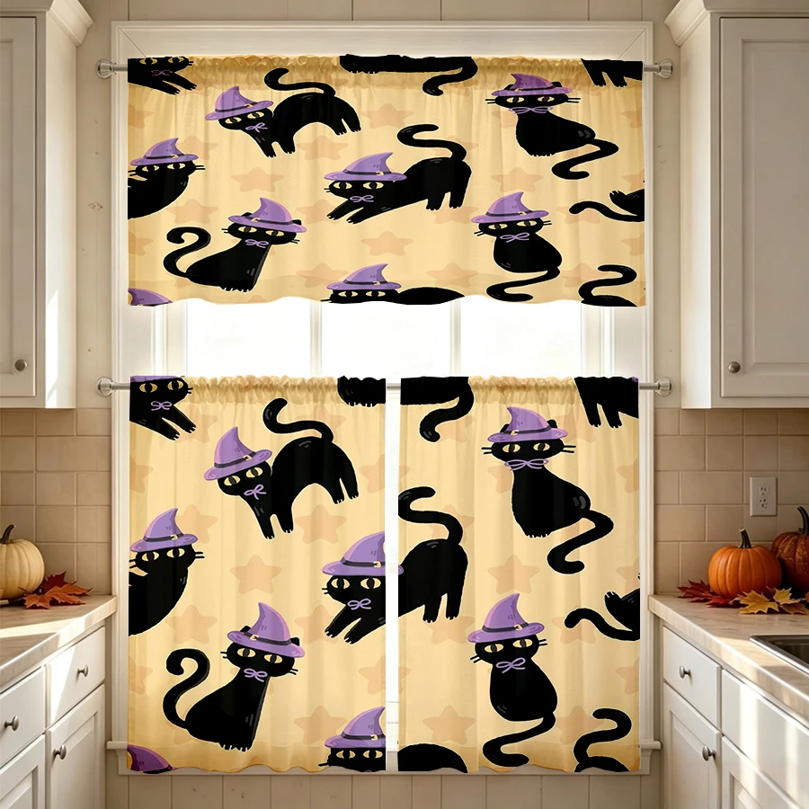 Halloween Fall Kitchen Curtains, Purple Hat Black Cat, Digital Print, Kitchen Dining Room, Rod Pocket Polyester, Home Decor