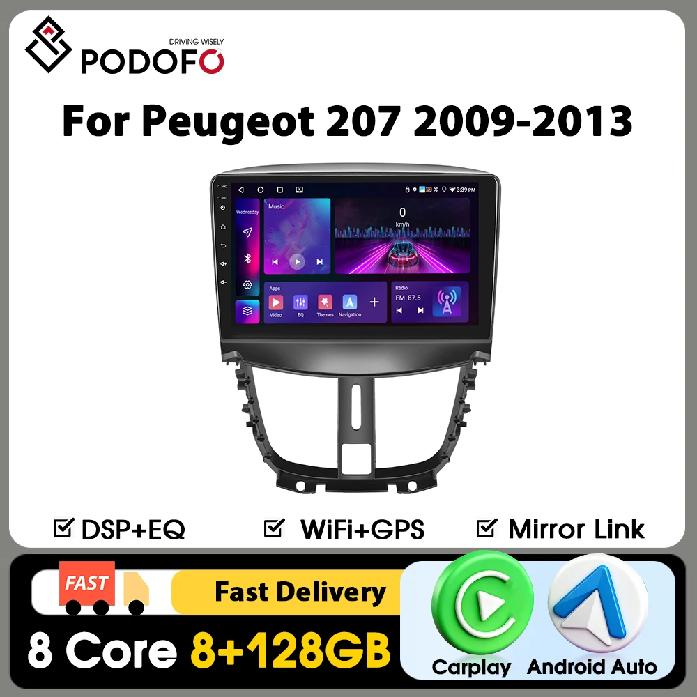 Podofo 9" Carplay Autoradio für Peugeot 207 2009-2013 Intelligentes Autoradio Android Auto GPS-Navigation KI-Sprachsteuerung WIFI 4G FM RDS Mirrorlink Geteilter Bildschirm