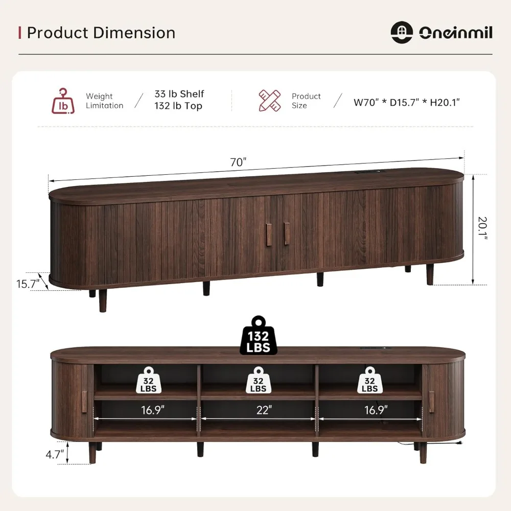 حامل تلفزيون حديث مقاس 70 بوصة من منتصف القرن مع أبواب منزلقة، ومركز ترفيه للتخزين الخشبي يتميز بأرفف قابلة للتعديل