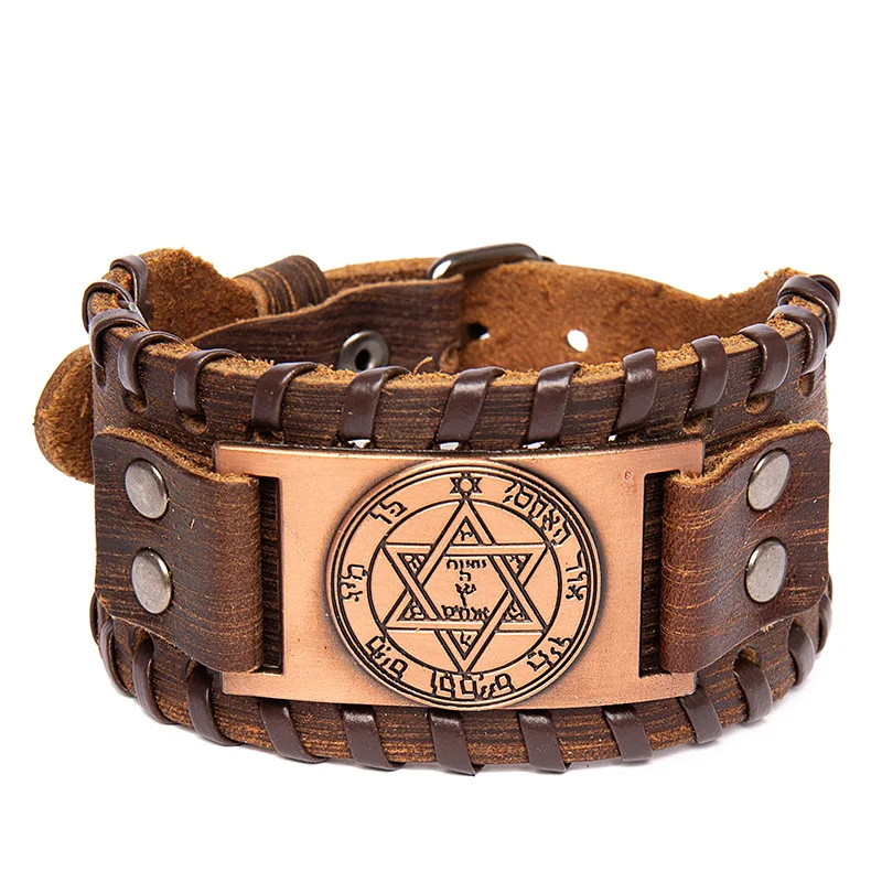 Trendy Totem Design Six-pointed Star Bracelet Men\'s Bracelet New Fashion Leather Woven Viking Accessorie Party Jewelry Wholesale