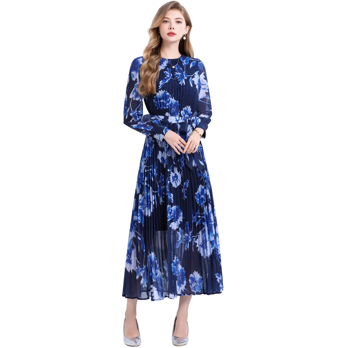 Ele round Ne A-Line Dr مع حزام الخصر طويل Sve مطبوع ماكسي Dr للارتداء غير الرسمي ألياف البوليستر عالية الخصر #5