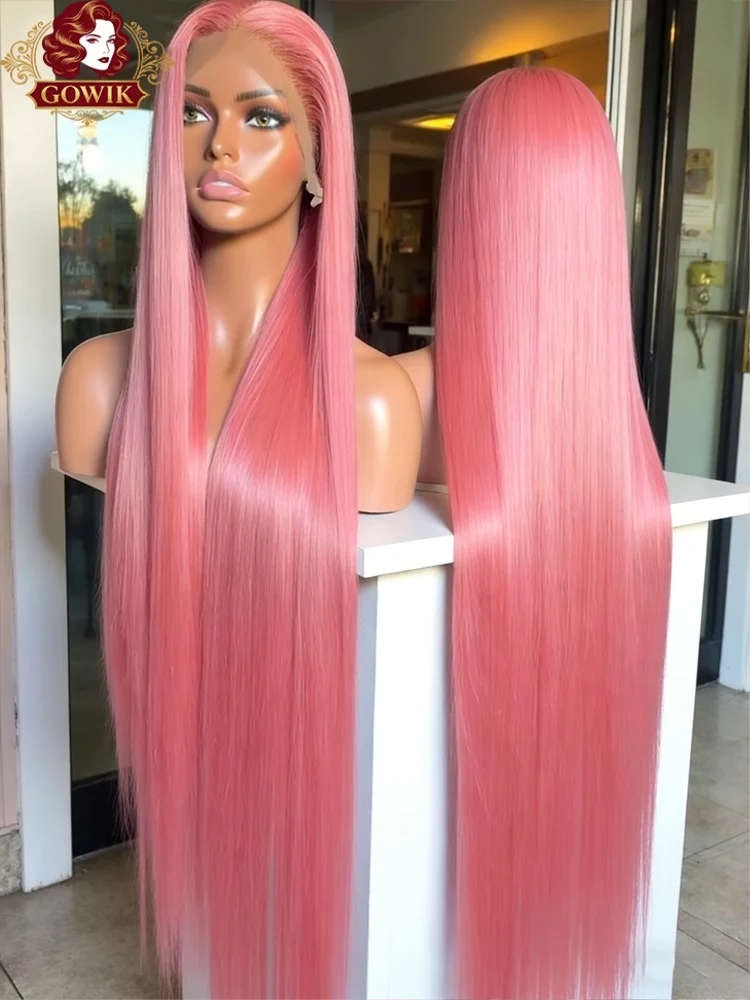 

Розовые длинные прямые парики из натуральных волос с цветным кружевным фронтом, плотность 200%, прозрачное кружево 13x6, предварительно прорезанные, для чернокожих женщин, 38 дюймов