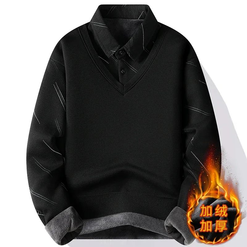 Mannen Fleece Voering Trui 2024 Winter Nieuwe Dikke Warme Top Polo Kraag Nep Tweedelige Casual Truien Trui Mannen kleding