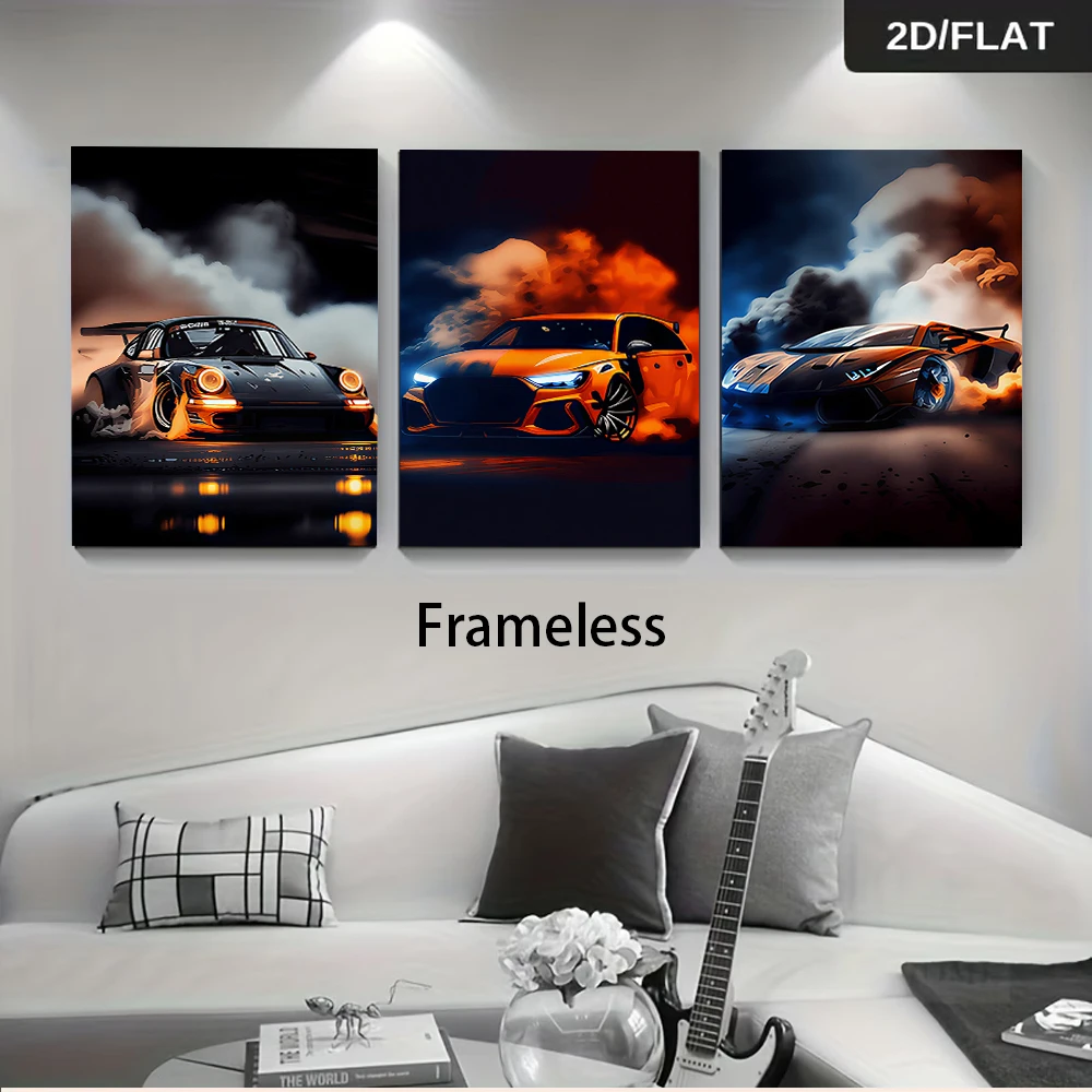1 set of modern car triple frameless decorative paintings to enhance the spatial style of trendy wall decoration 2D plan
