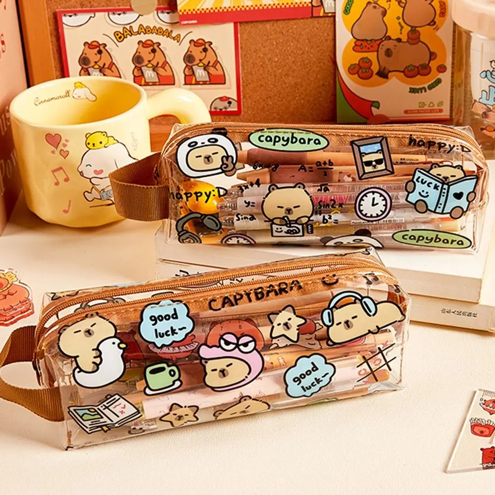 Kawaii Capybara Pen Bag Cartoon High Appearance Transparent Pencil Case Multifunction Waterproof Stationery Storage Pouch Girls