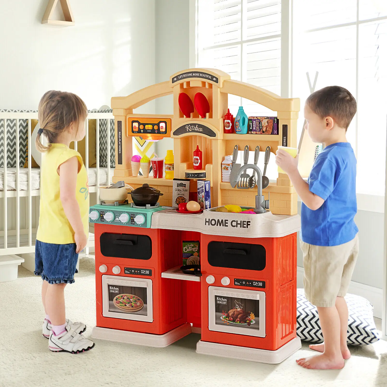 Costway Trẻ Em Chơi Nhà Bếp 69 Máy Tính Nhà Bếp Playset Đồ Chơi W/Thực Tế Đèn & Âm Thanh