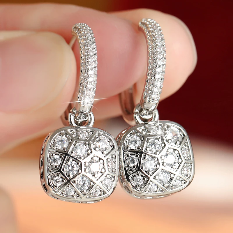 Women's Fashion Dazzle Full Synthetic Zirconia Grid Pendant Earrings Luxury Personality Banquet Festival Charm Jewelry Accessory