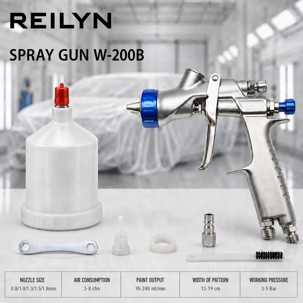 Reilyn Pneumatic Spray Gun Gravity Feed 0.8/1.3/1.5/1.8mm Nozzle Stainless Steel Spray Gun for Cars Furniture Painting