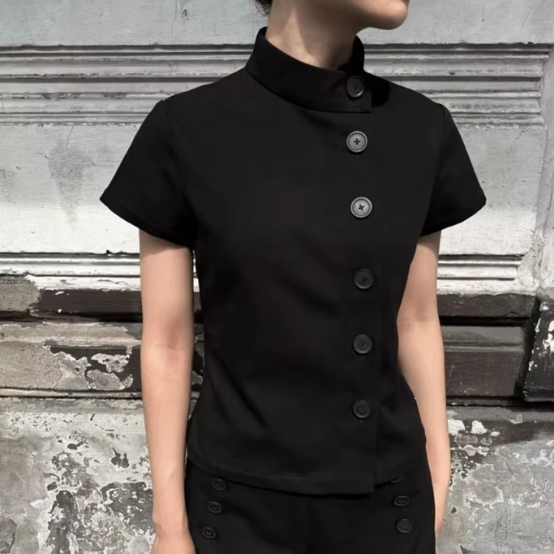 Temperament Commuting Solid Color Stand Collar Asymmetrical Button Shirt Women 2026 Minimalist Office Professional Street Clothe