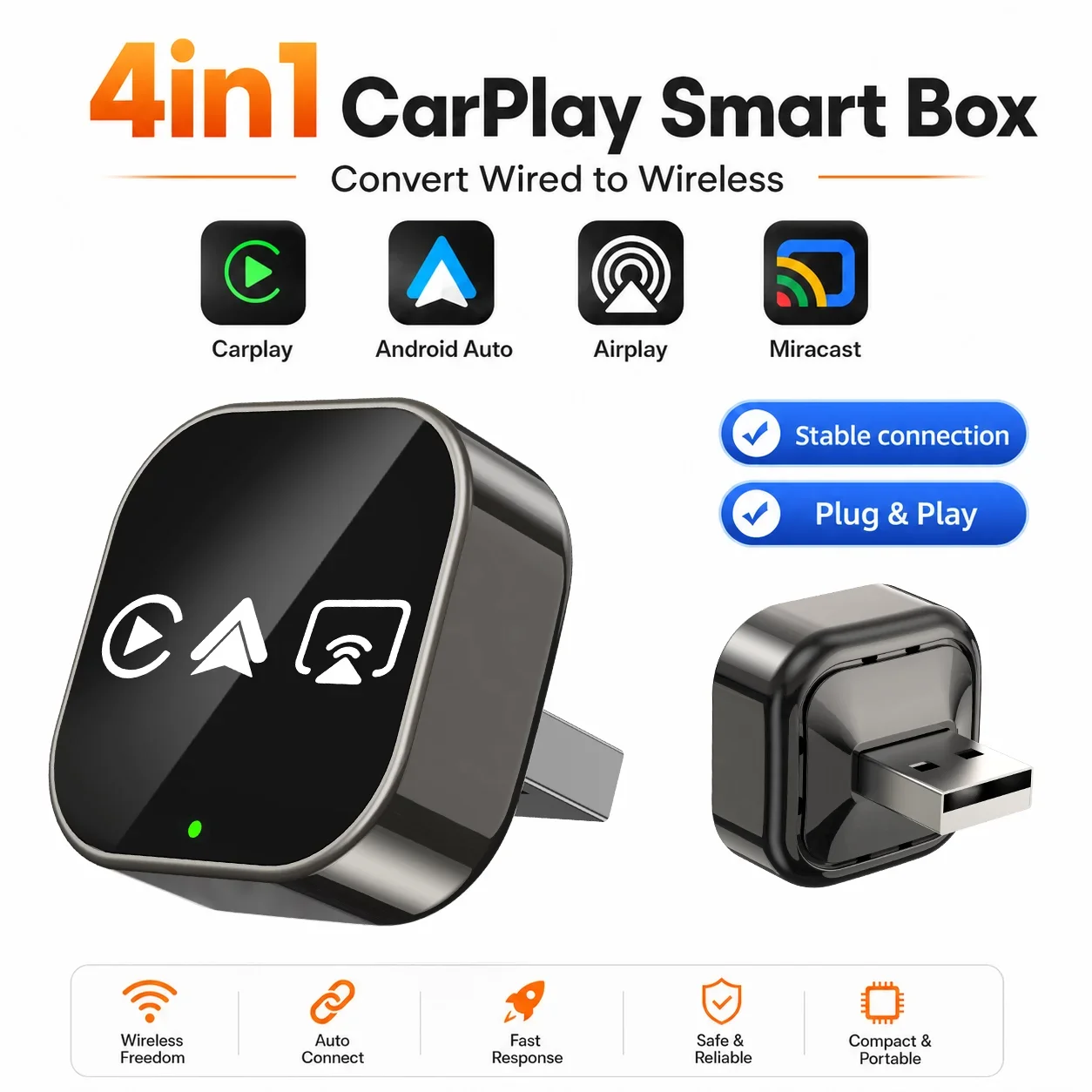 CarRocket Caixa Inteligente Sem Fio para Carplay, Adaptador Android Auto, Mirror Link, Airplay, Plug&Play, Conexão Universal, WiFi 6, Bluetooth 5.0