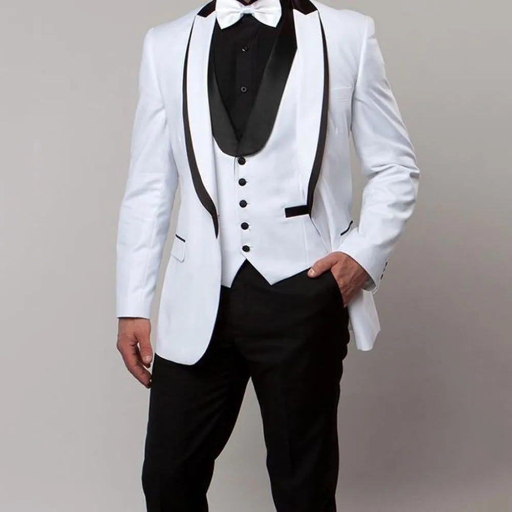 

Men 3 Piece Suit Slim Fit Shawl Collar Vest Business Suit White And White Single Button Wedding Suit Custom Made