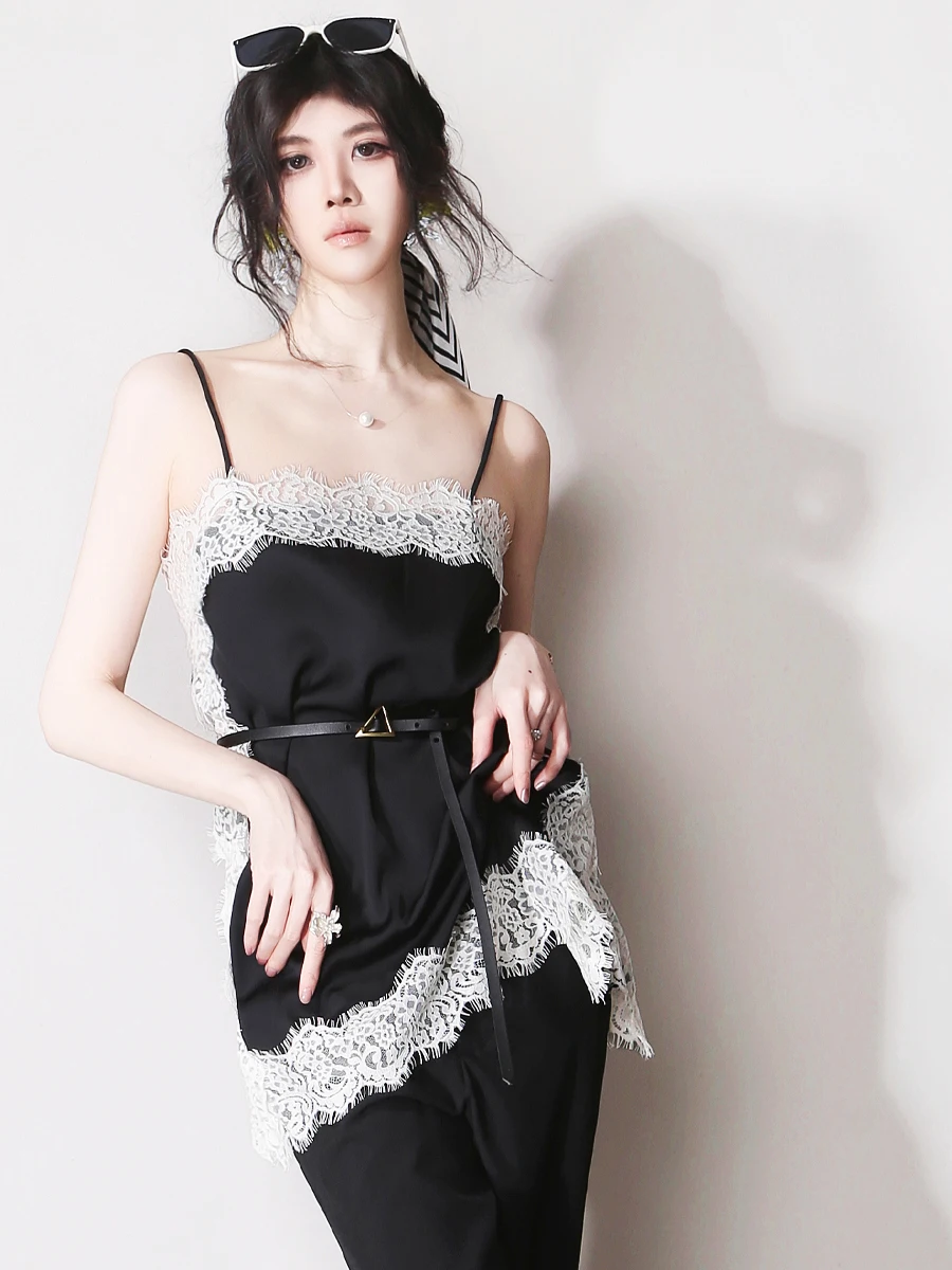 

Bla White Contrast Retro Lace Trim Side Slit Slim Straight Base Vest Strap Women's Mid-Length No-Elastic Lace Fabric
