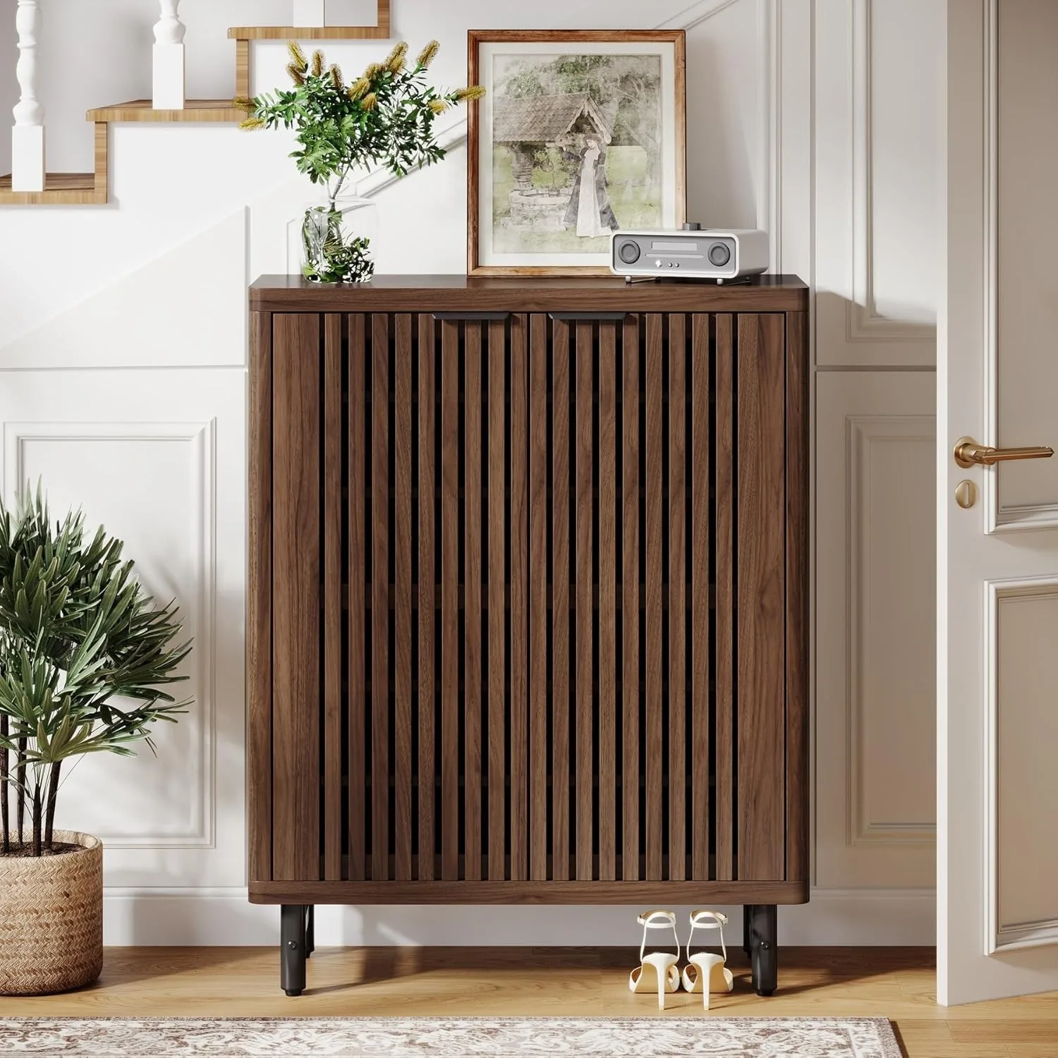 LITTLE TREE Meuble à chaussures 6 niveaux avec portes, Organisateur en bois à étagères réglables, Meuble de rangement pour entrée, couloir