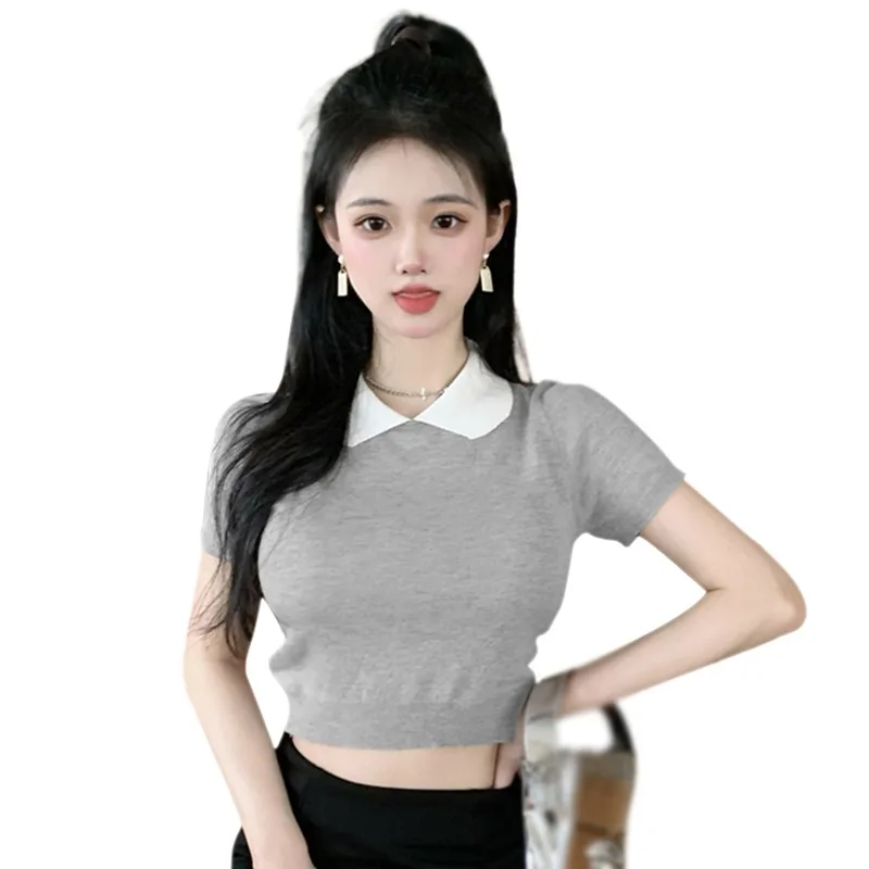 Women's Sweet Lapel Slimming Knitted T-shirt Fashion Short Sleeve Color Contrast Casual Versatile Crop Top