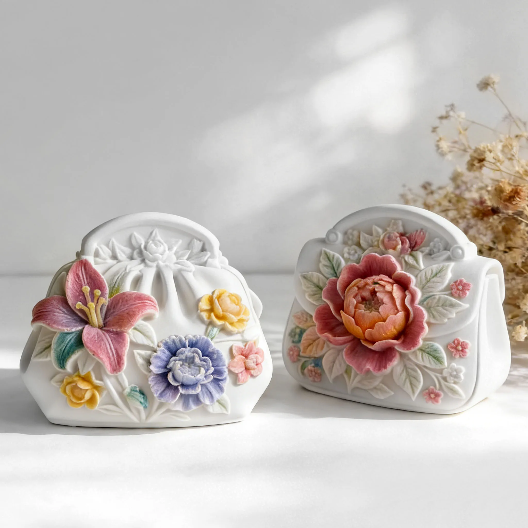 DIY Handbag Form Silicone Candle Mold Relief Rose Lily Flower Lady Purse Gypsum Ornaments Molds Handmade Aroma Candle Mould