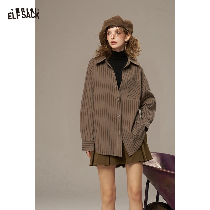 

ELFSACK 2025, зимние новые поступления, повседневная женская рубашка свободного покроя из двух предметов в полоску с длинными рукавами