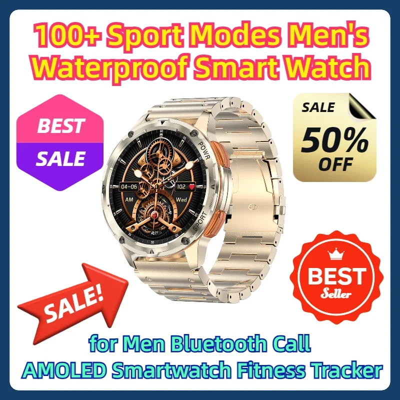 

100+ Sport Modes Men's Waterproof Watches Smart Watch for Men Bluetooth Call AMOLED Smartwatch Fitness Tracker