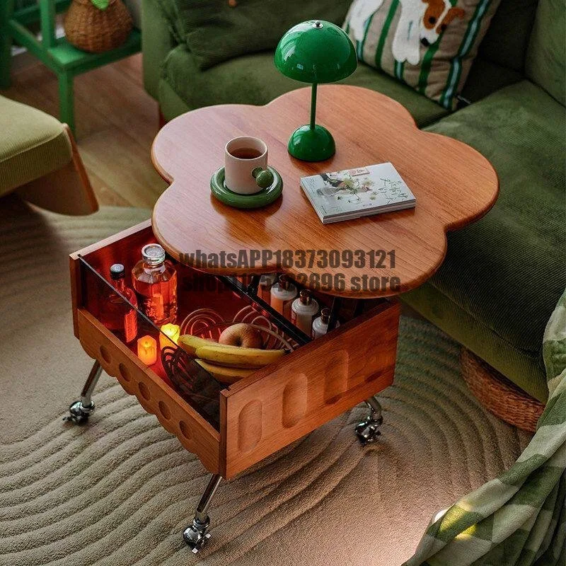 Medieval solid wood liftable coffee table mobile living room petal-shaped sofa side few light luxury household small apartment