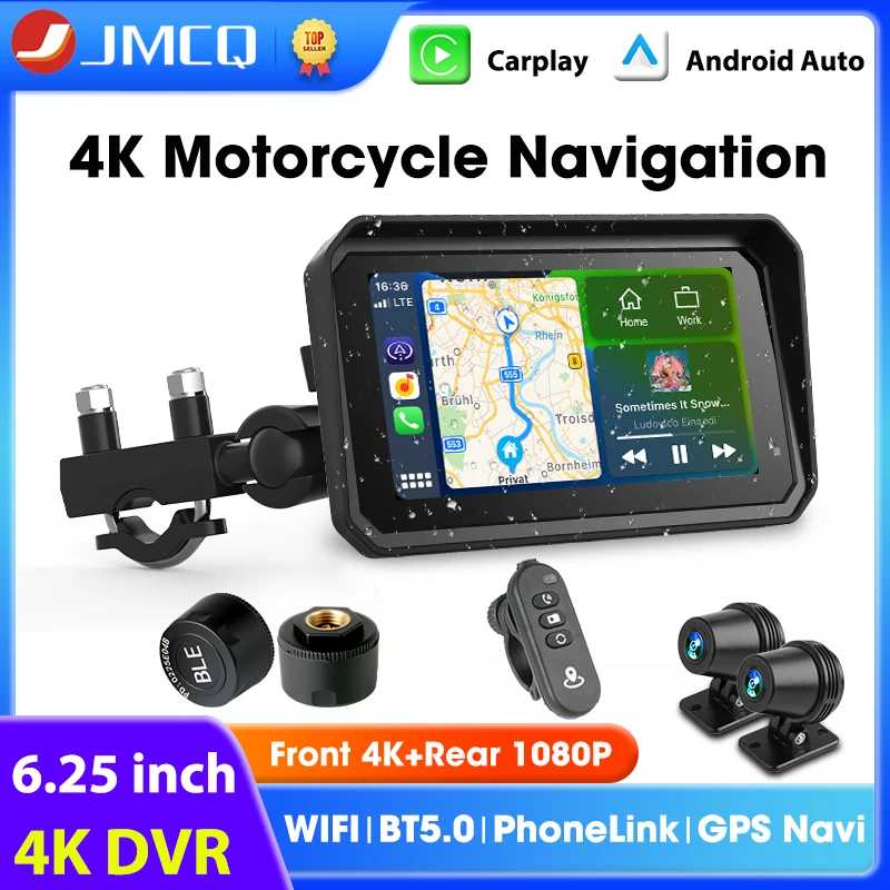 6.25 inch Motorcycle GPS Navigation Wireless Carplay Android Auto IPX7 Waterproof Dual BT Moto Dash Cam Support 4K+1080P TPMS