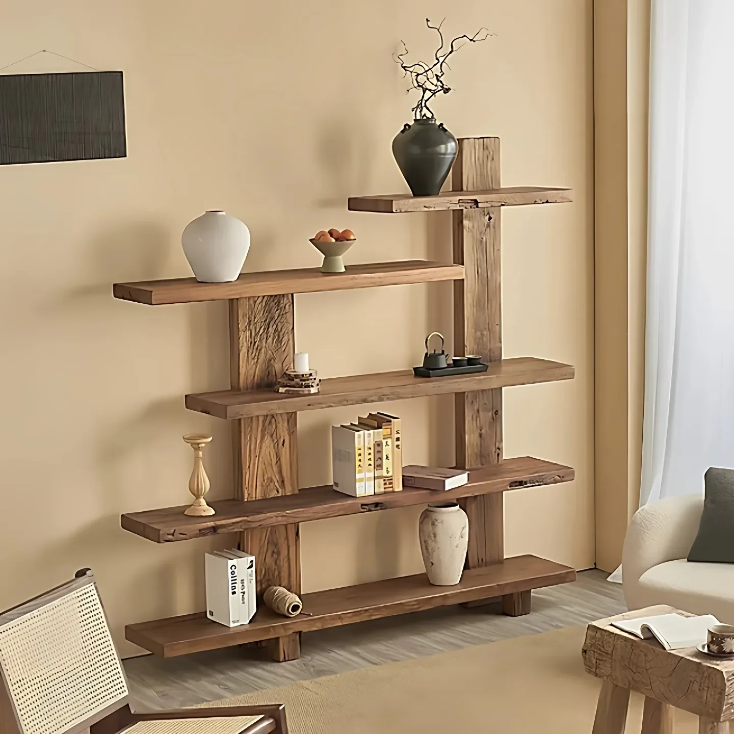 Wabi Sandy Wind Solid Wood Bogu Shelf Duobao Pavilion Against the Wall Bookshelf Display Cabinet Homestay Shelf