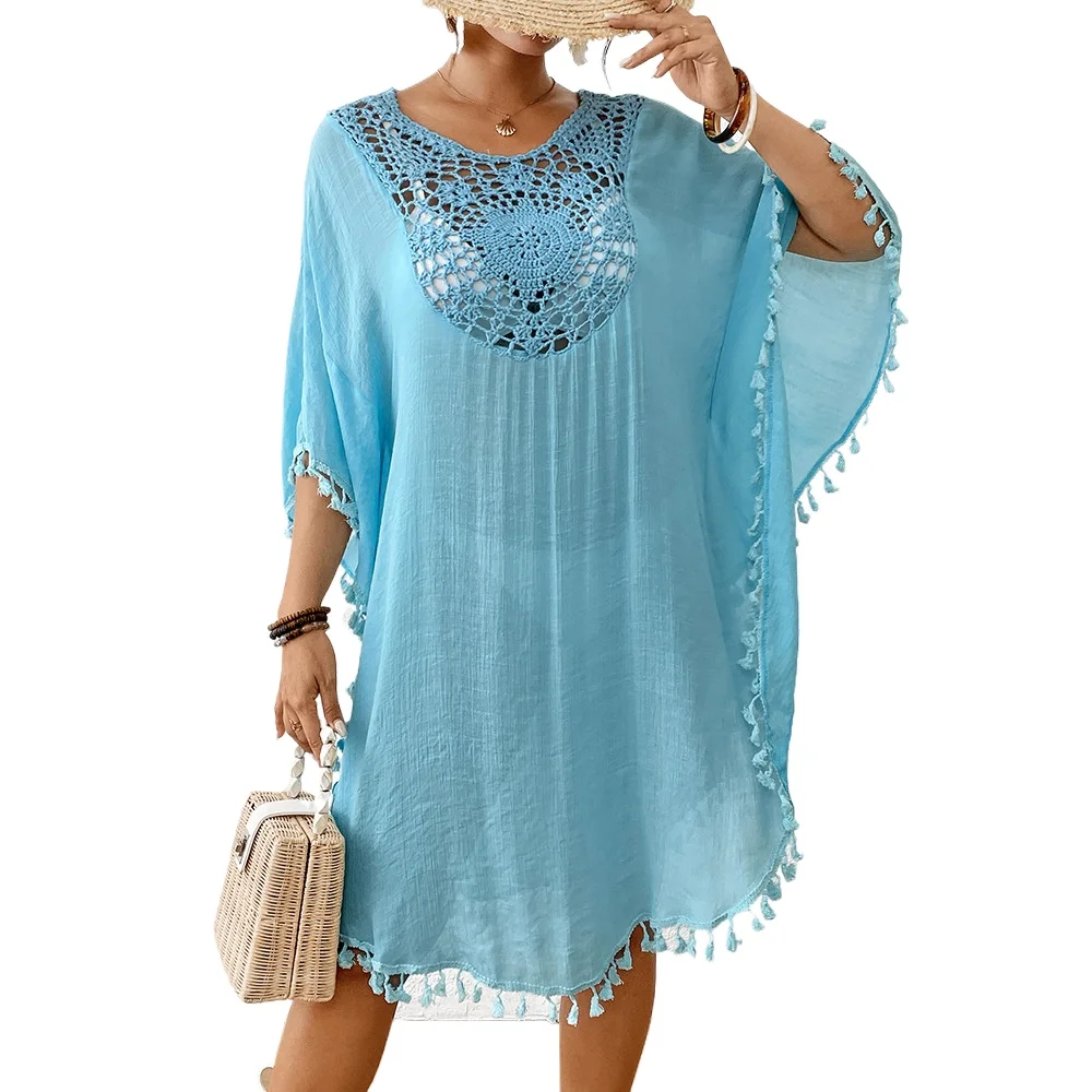 Vestido playero con flecos para mujer, blusa holgada, media manga con cuello redondo, cubierta ligera para traje de baño, vestido informal de verano
