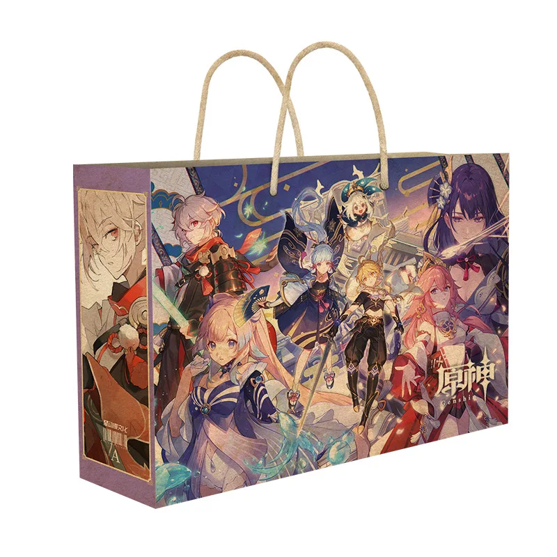 Game Genshin Impact Vintage Kraft Paper Lucky Gift Bag - Venti Klee Paimon Zhongli Postcard Badge Keychain Set