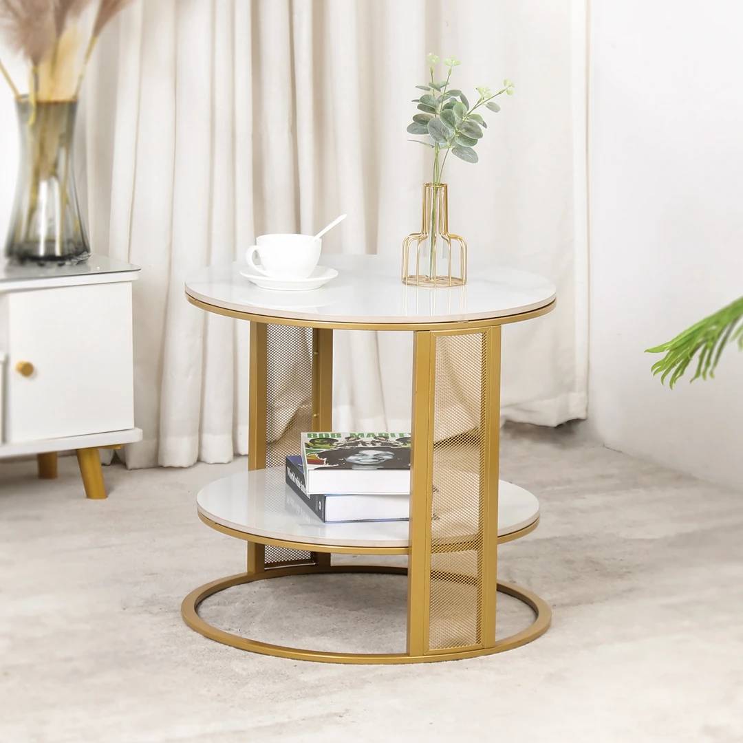 

Sofa Side Table 2-Tier Storage | Gold Metal Legs Sintered Stone Top | Space-Saving for Living Room Office Bedroom