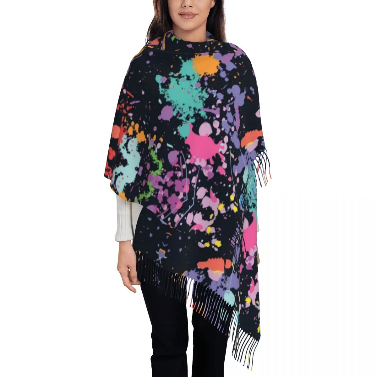 

Женские длинные красочные камуфляжные абстрактные уличные шарфы с граффити на заказ, женские зимне-осенние толстые теплые шаль с кисточками, шарф