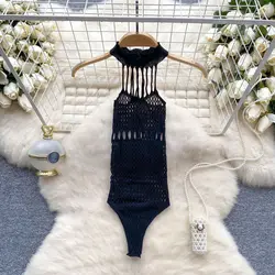 High Elastic Hollow Out Bodycone Women's Pajamas Sexy Erotic Lingerie Halter One-Piece Slim Jumpsuit Bodysuit Black Nightwear