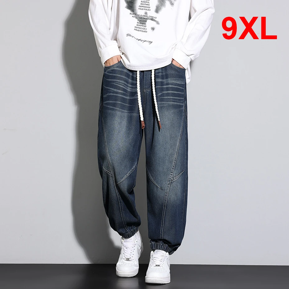 

9XL Plus Size Jogger Jeans Men Vintage Denim Pants Stretch Waist Baggy Jeans Male Big Size Denim Pants