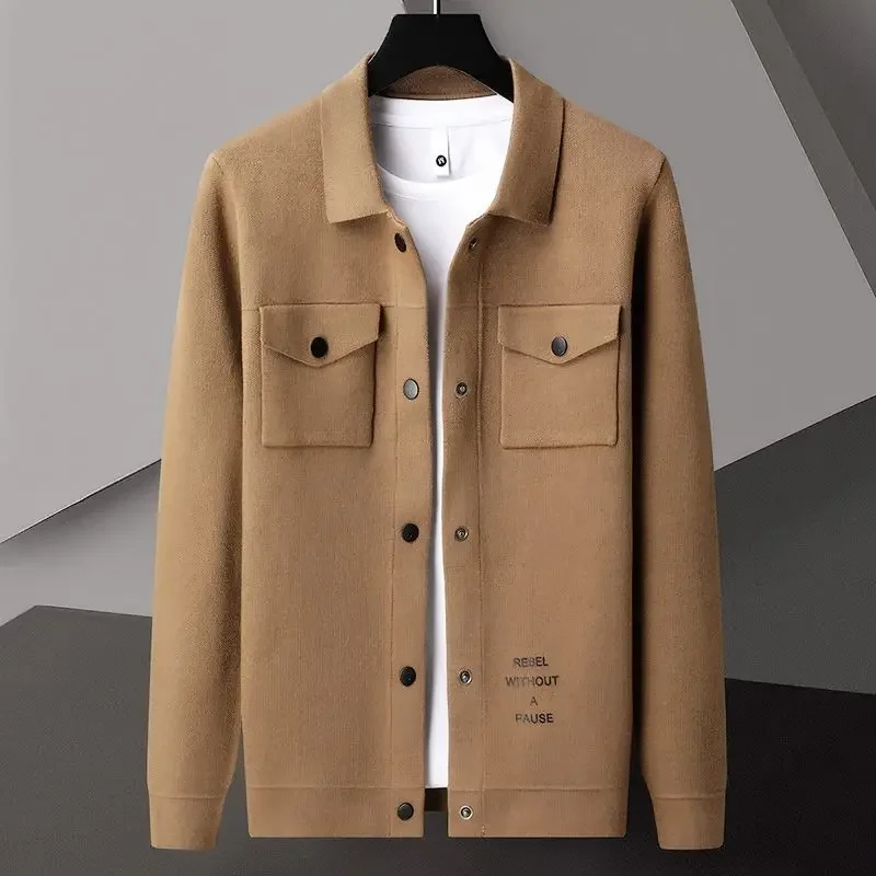 Luxury High-end Spring Autumn Jacket Men Knitted Cardigan Button Lapel Outerwear Pocket Design Slim Fit Coats Knit Sweaters New