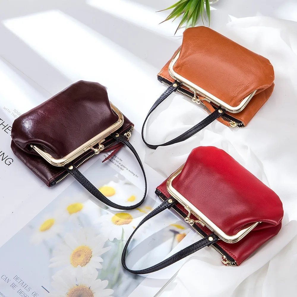 

Portable Genuine Leather Wallet Bags Double Pocket Solid Color Coin Purse Multicolor Cowhide Handbag