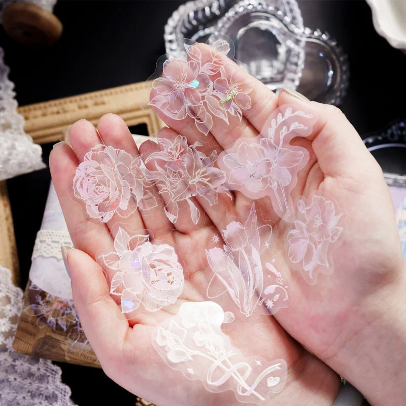 15pcs/lot Holographic Translucent Floral Stickers Iridescent Flower DIY Handmade Album Scrapbooking Decorative Paper Supplies