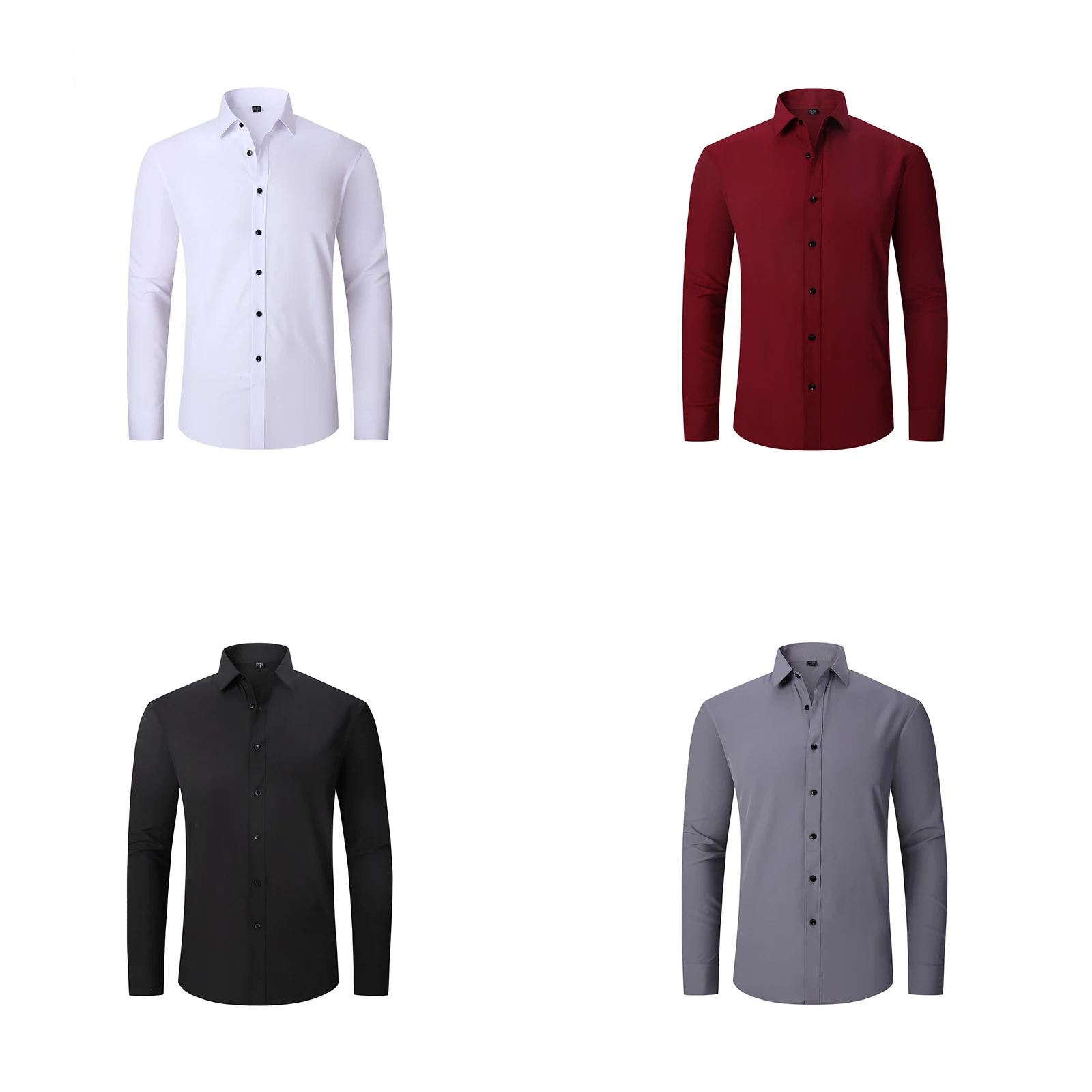 Mens ยืดเสื้อแขนยาว Turn-Down COLLAR ปุ่มลง Minimalist Elite สไตล์เสื้ออย่างเป็นทางการเสื้อ Tops เสื้อผ้า