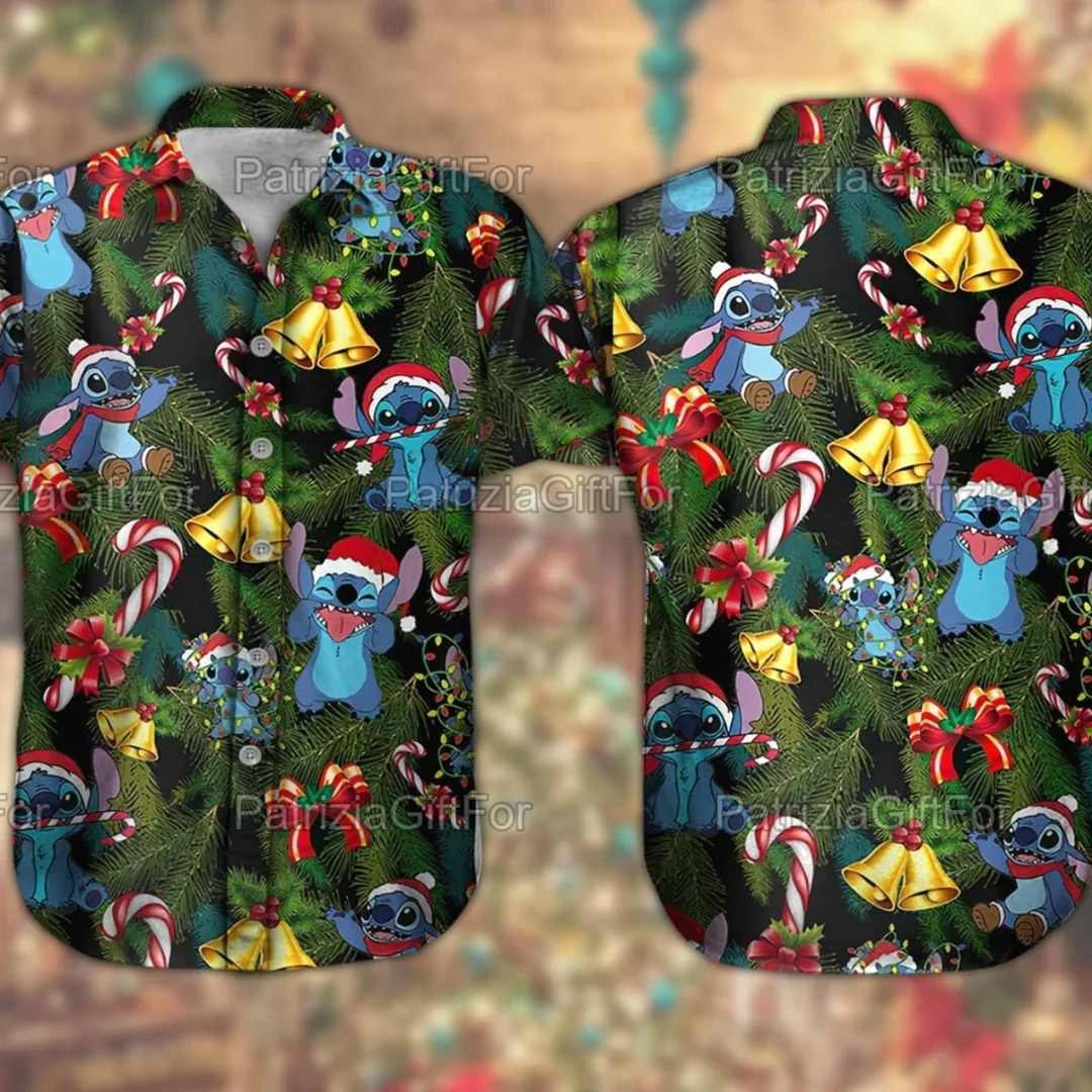 Disney Stitch camisas hawaianas de Navidad para hombres y mujeres, camisa informal de playa, camisa hawaiana de Disney, camisa de manga corta con